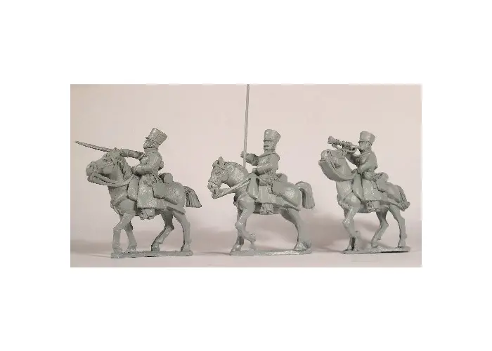 Russian Hussar command. Officer, bugler, standard bearer.